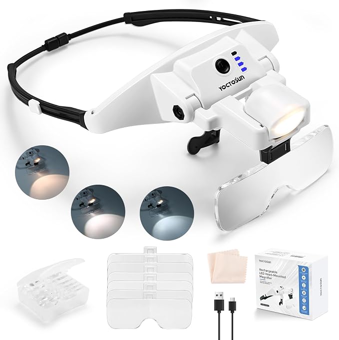 Magnifying Glasses with Light, 1.0X-4.0X Headset Magnifying Glass 6 Lenses | Rechargeable, 3 Light Colors, Magnetic Headband, Head Magnifying Visor for Crafts Sewing Jewelry