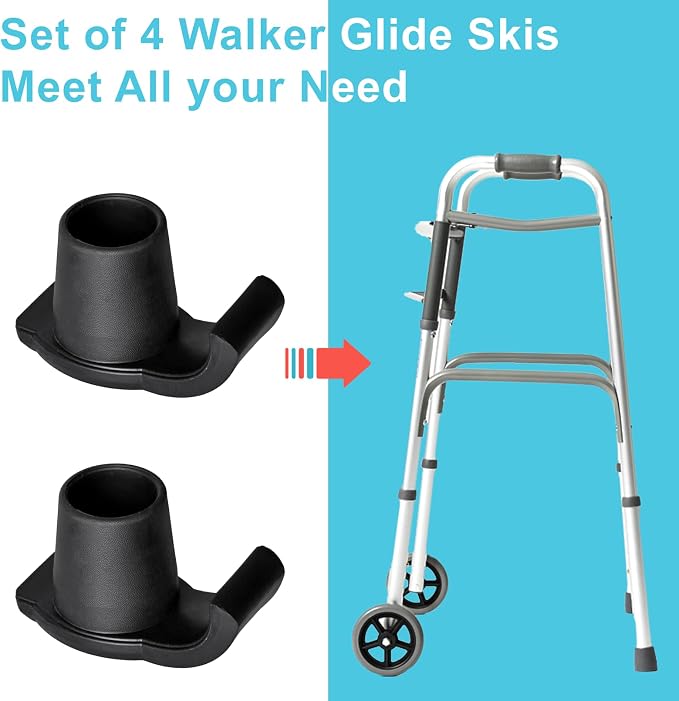 Dotday Walker Skis Glides 4 Pack, Universal Walker Accessories for Seniors | Walker Glides for Folding Walker, Durable Easy-Glide Mobility Aid, Walker Feet Replacement, Universal 1-1/8 inch, Gray