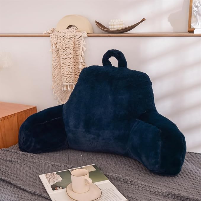 Holawakaka Medium Faux Fur Bed Rest Pillow with Arms,Rabbit Fur Reading Pillows Perfect for Teens Kids Petites, Arm, Back, Pregnancy Lumbar & Head Neck Coccyx Lower Back Support Cushion (Blue)