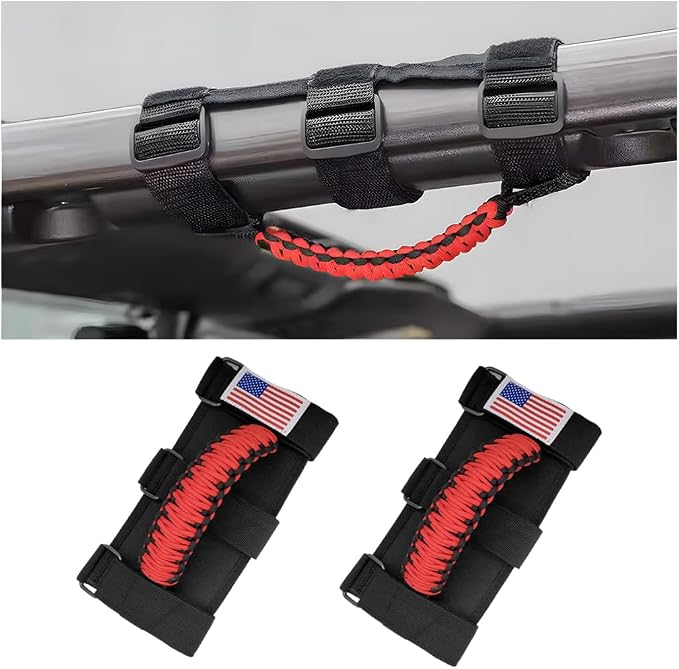 2PCS Car Roll Bar Grab Handles, Oxford Cloth American Flag ATV Paracord Grip Handle with Metal Buckle, Heavy Duty UTV Roll Cage Grab, Compatible with Wrangler JL, JT, JK (Red)