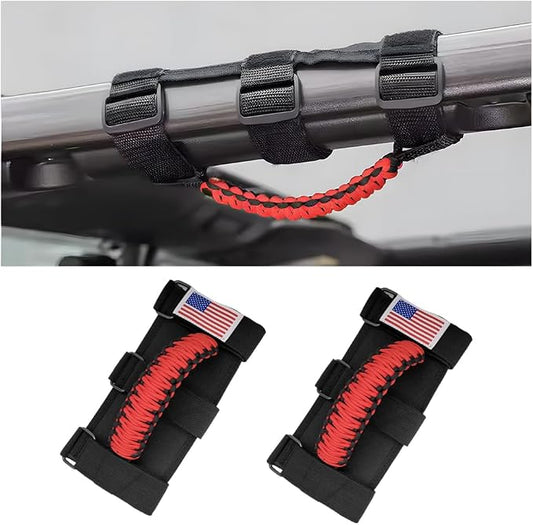 2PCS Car Roll Bar Grab Handles, Oxford Cloth American Flag ATV Paracord Grip Handle with Metal Buckle, Heavy Duty UTV Roll Cage Grab, Compatible with Wrangler JL, JT, JK (Red)