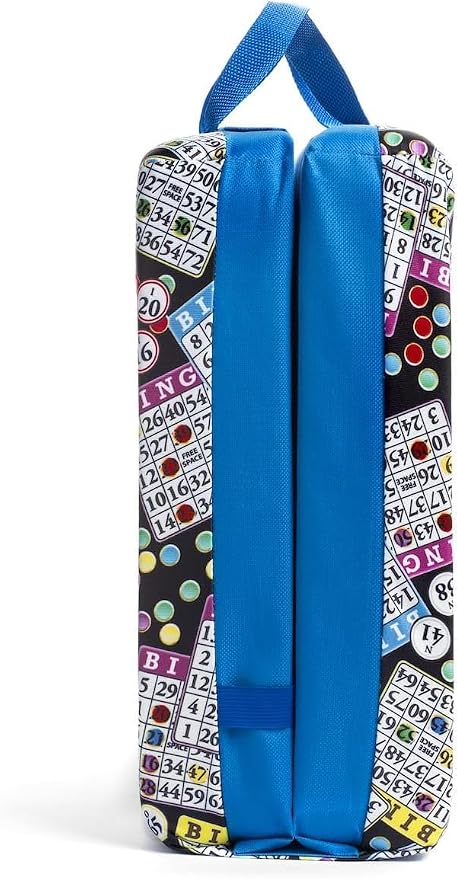 Classic Bingo Pattern Seat Cushion – Extra Thick 3” Bingo Pillow with Strap, Storage Pouch & Handles – Comfortable Folding Chair Cushion for Bingo Nights (Blue)