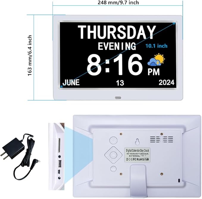 AINFTIME DST Digital Clock with Date and Day of Week for Elderly-12 Alarms Medication Reminder Dementia Alzheimers Clock Calendar with Extra Large Display (10.1 inch White)
