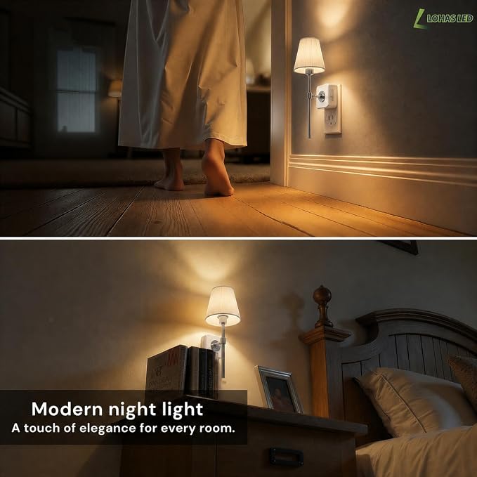 L LOHAS LED Night Lights Plug into Wall, Pleated Fabric Cover Night Light | 2 Pack Vintage Nightlight With Dusk to Dawn Sensor, 0-100LM Dimmable, for Bedroom Living Room Hallway
