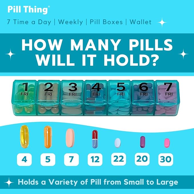 Weekly Pill Organizer Case, 7 Compartments, Pebble Grain Faux Leather, Magnetic Snap, Medication Schedule Card (7X a Day Weekly with Wallet)