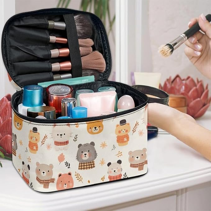 Cute Animals Cosmetic Makeup Bag Large Portable Travel Toiletry Organizer for Women, Cartoon Cats Bears Print Make up Organizer with Handle