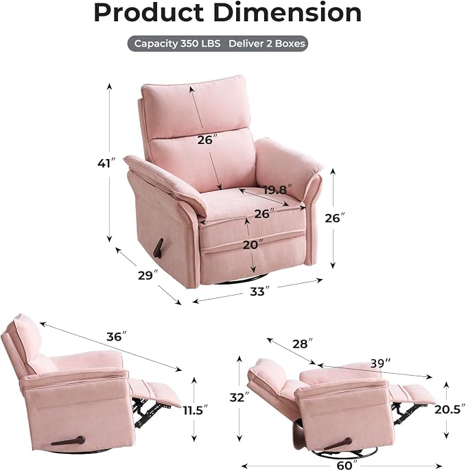 Oversized Recliner Chair, 24" Extra Wide 360° Swivel Rocker Recliner with Adjustable Headrest, Chenille Glider Rocking Nursery Chair with Overstuffed Armrest, Lumbar Support, Pink