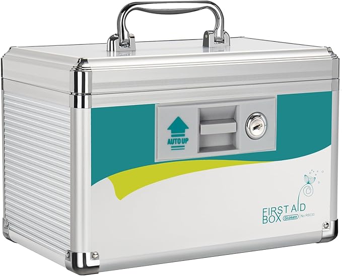 Glosen Medicine Lock Box, Medication Lock Box,Locking Medicine Box, Security Lock Boxes【Small】 10x6.7x6.7 Inch,First Aid Key,Lock Box for Medication
