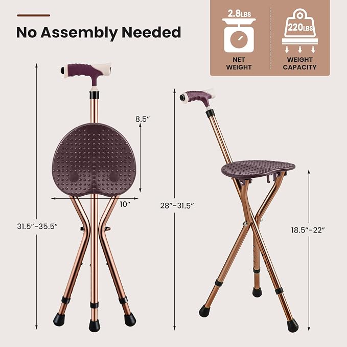 GYMAX Walking Stick Chair Combo, Folding Cane Seat with LED Light, Massage Seat Board & Ergonomic Handle, Adjustable Anti-Skid Walking Stick with Stool, Lightweight Outdoor Travel Rest Stool