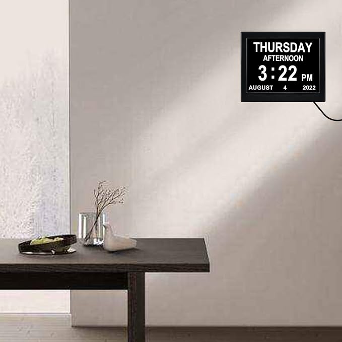 Day Date Time Clock for Seniors Elderly 3 Medication Reminders+ 5 Custom Reminders Digital Calendar Dementia Impaired Vision Memory Loss Clock(Black,8-inch)