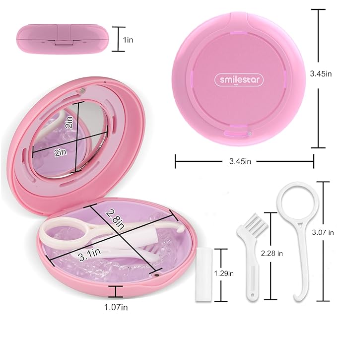 2PCS Retainer Case with Mirror and Adjustable Vent Holes, Cute Slim Aligner Case Compatible with Invisalign, Night Mouth Guard Case, With Retainer Remover Tool, Chew & Brush, White+Pink