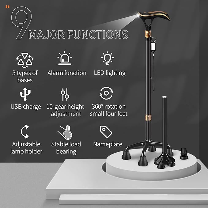 Smart Alarm Walking Cane for Men & Women, Telescopic and Adjustable Walking Sticks for Seniors, USB Direct Charge, with LED Light, One Cane for Three Purposes, Light and Stable