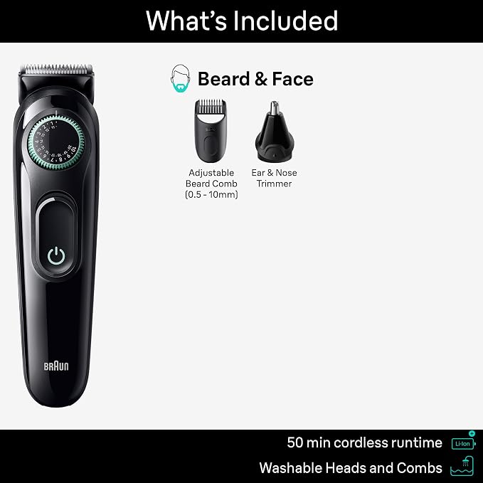 Braun All-in-One Style Kit Series 3 3430, 3-in-1 Trimmer for Men with Beard Trimmer, Ear & Nose Trimmer, Hair Clippers, Ultra-Sharp Blade, 20 Length Settings, Washable