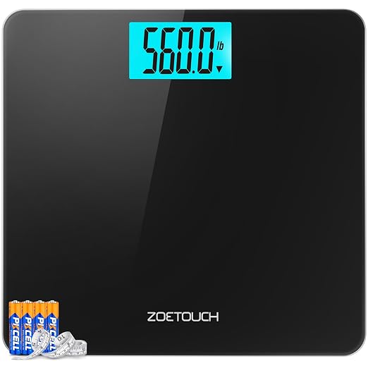 ZOETOUCH 560lbs Bathroom Scale for Body Weight, Extra Wide Oversized 12.9" Platform, Large 4.2" LCD Display, High Accuracy Digital Weighing Machine with Heavy Duty Tempered Glass for Bariatric Seniors