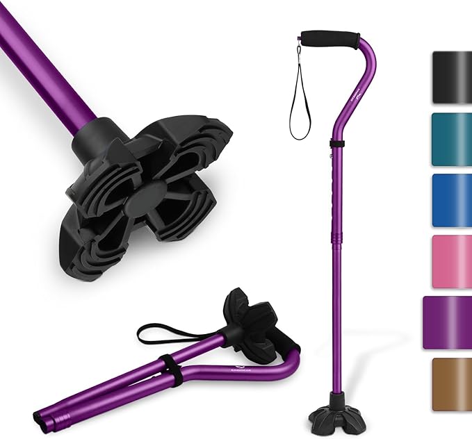 KINGGEAR F1 Walking Stick, Walking Cane for Women & Men, Self Standing Walkers for Seniors with Wrist Strap, Lightweight & Sturdy Offset EVA Handle and Large Quad Base