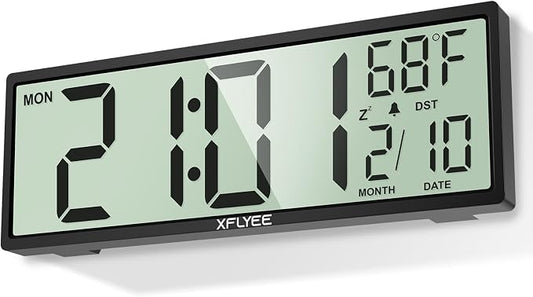 14.5'' Large Digital Wall Clock Battery Operated with Jumbo Numbers, Auto DST, Day, Date, Alarm, Temperature for Living Room, Bedroom, Desk Decor, Gift, LCD Screen Display Easy to Read and Set