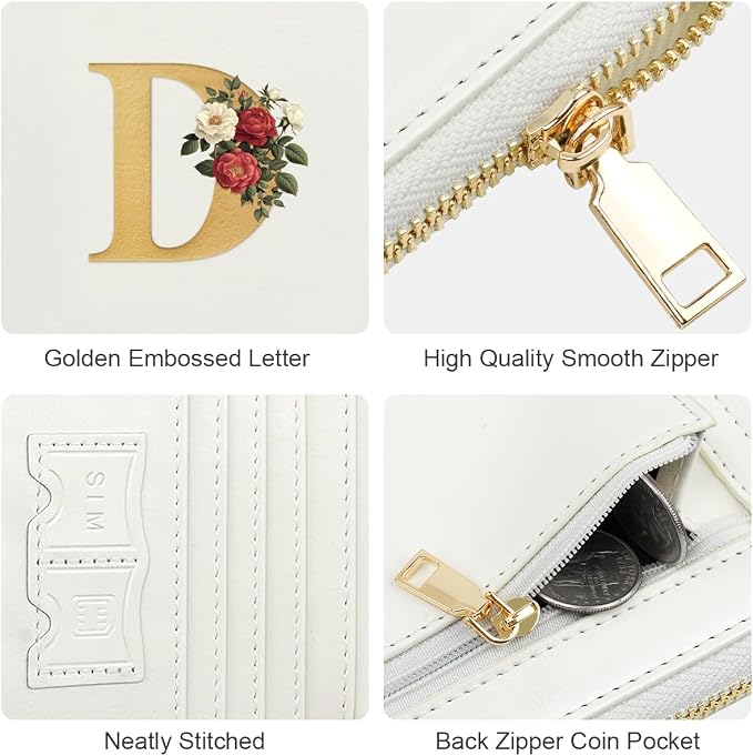 Passport Holder for Travel Personalized Wallet with Wristlet Women | All-in-One Passport Cover, RFID Blocking, Back Coin Pocket, Paper Money Slot, Zipper Closure, Roses Initial Letter, White D