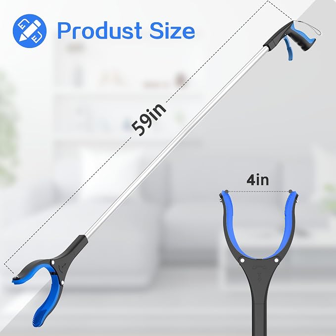 59 INCH Extra Long Grabber Reacher Tool，Trash Picker Pick Up Stick with Strong Grip Magnetic，360°Rotating Anti-Slip Jaw 4" Wide Claw Opening,Hand Grabber (BlueSilver, 59 Inch)