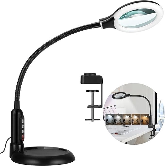 10X Magnifying Glass with Light and Clamp, 5 Color Modes Stepless Dimmable Lighted Magnifier with Stand, Flexible Gooseneck LED Desk Lamp Hands Free for Craft Reading Painting Hobby Close Work