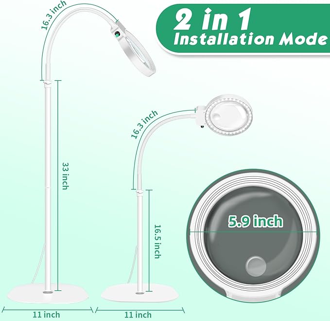 10X 30X Large Magnifying Glass with Light and Stand,36 LED Flexible Gooseneck Floor Magnifying Lamp,Adjustable Brightness Lighted Magnifiers for Reading,Sewing,Crafts,Painting,DIY,Close Work