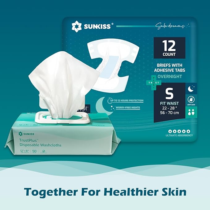 SUNKISS TrustPlus Overnight Adult Diapers with Tabs, Unisex Disposable Incontinence Briefs for Men and Women, Odor Control, Small, 48 Count (4 Packs of 12)