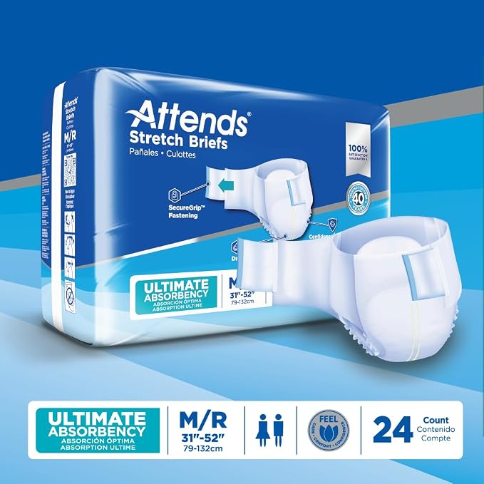 Attends Stretch Adult Incontinence Disposable Briefs, Medium/Regular, 31"-52" Waist with SecureGrip Tab Closure, Ultimate Absorbency with Dry-Lock Containment Core and Breathable Side Panels, 24ct Bag