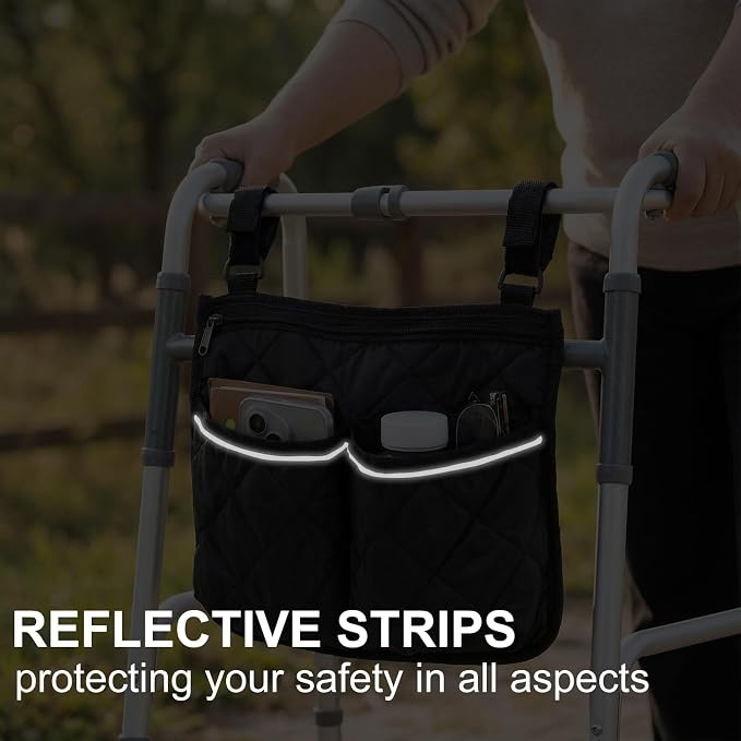 Walker Bag for Folding Walker Walker Basket with Reflective Safety Strips Foldable Wheelchair Storage Bag with 2 Adjustable Straps for Night Visibility Seniors Elderly