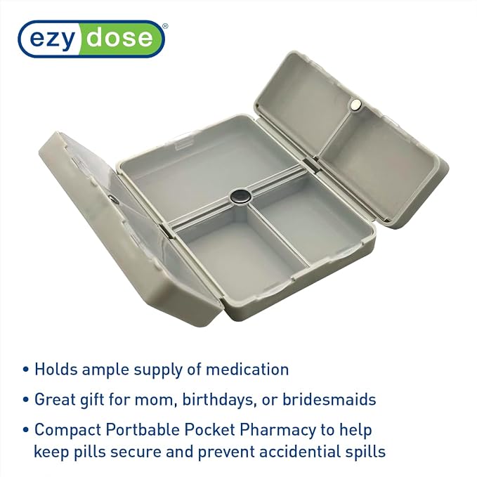 EZY DOSE Bi-Foldable Magnetic Pill Case, Medicine Planner, Vitamin Organizer Box, Snap-Shut for Security, Durable and Easy to Use, 7 Individual Compartments with Various Sizes, Travel-Friendly, Gray