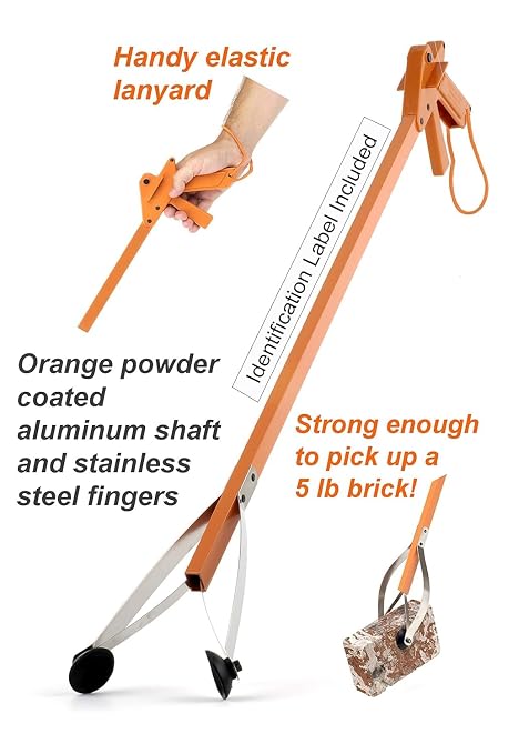 Orange-U-Tongs PRO Grade Litter Pick up Tool, Elastic Lanyard, Suction Cup Reacher Grabber for Indoor or Outdoor Use, 33" Reach, 5lb. Pick Up Capacity, Orange, 36", 2 Pack (7702-2)