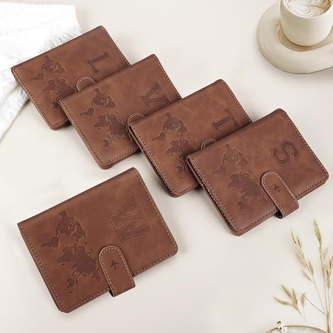 Passport Holder Wallet Cover Personalized Initial Travel Essentials | Embossed Letter A-Z Design, Travel Wallets, RFID Blocking, Passport Book Holders, Women Men, Personalized Gifts, Brown-T