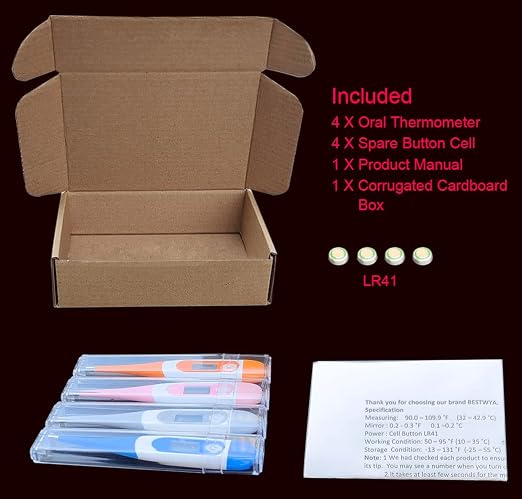 Digital Thermometer，BESTWYA Thermometer for Adult (A, Pack of 4) | Flexible Tip Accurate LCD Reading Oral, Rectal or Under Arm Use