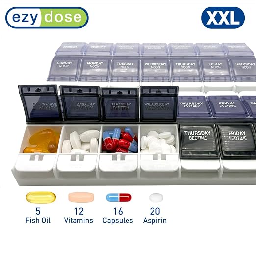 Ezy Dose Push Button Weekly 7-Day, 4X Per Day Pill Organizer, Grey, 2XL | Weekly Pill Case, Medicine Planner, Daily Vitamin Organizer, 4 Times a Day, Arthritis Friendly Push Button Lids, BPA Free