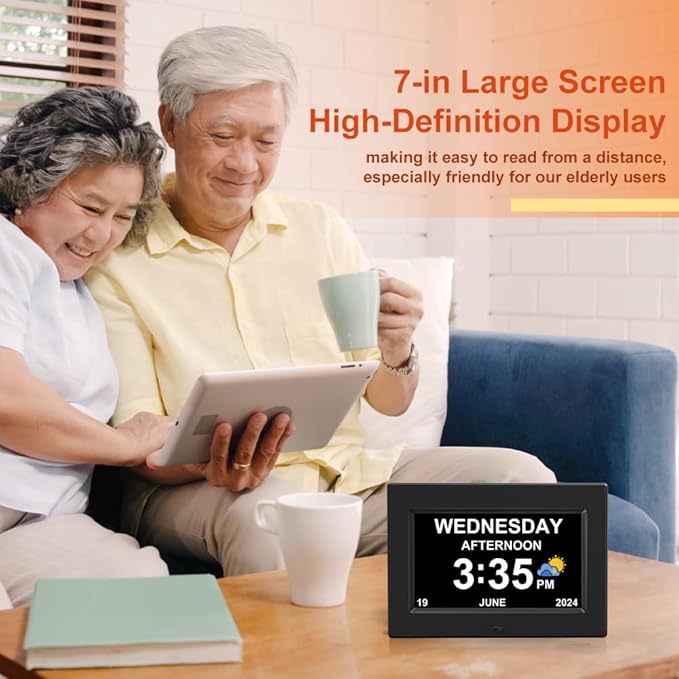 DST Digital Clock with Date and Day of Week for Elderly-12 Alarms Medication Reminder Dementia Alzheimers Clock Calendar with Extra Large Display (7 inch Black)