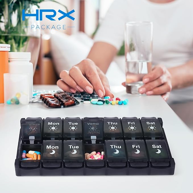 HRX Package Weekly Pill Organizer 2 Times a Day, Easy Fill & Open AM/PM Medicine Box 7 Day Vitamin Cases Day and Night