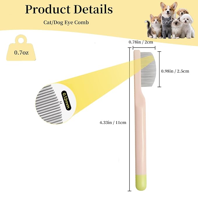 Stainless Steel Dog Eye Comb - Small Design for Pet Facial & Paw Grooming, Round-Tip Arc Teeth, ABS Handle, Puppy Flea Brush, Fit Yorkie, Shih Tzu, Maltese Maltipoo Pomeranian Cat