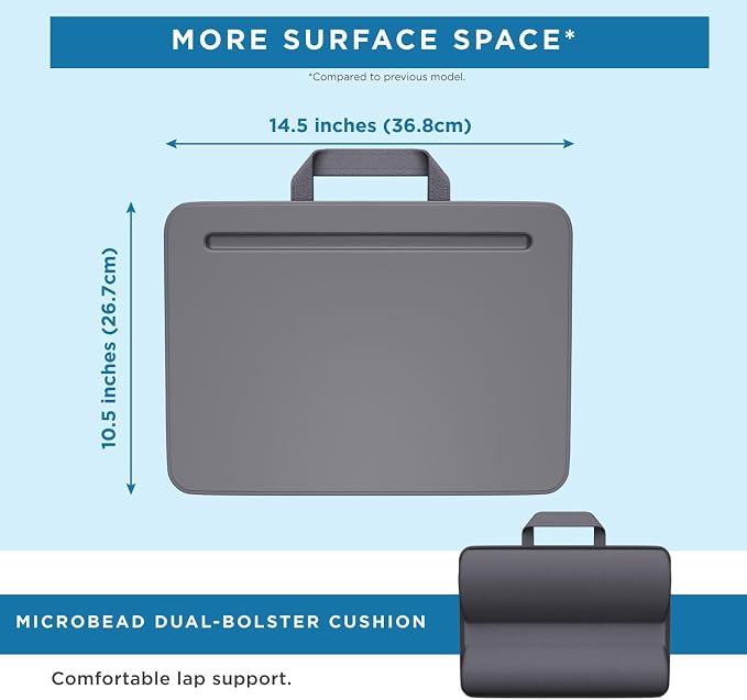 LAPGEAR Compact Lap Desk – Charcoal, Fits 14" Laptops | Microbead Cushion, Built-In Pencil Slot, Carry Handle, Fits Standard Letter-Size Paper (8.5" × 11")