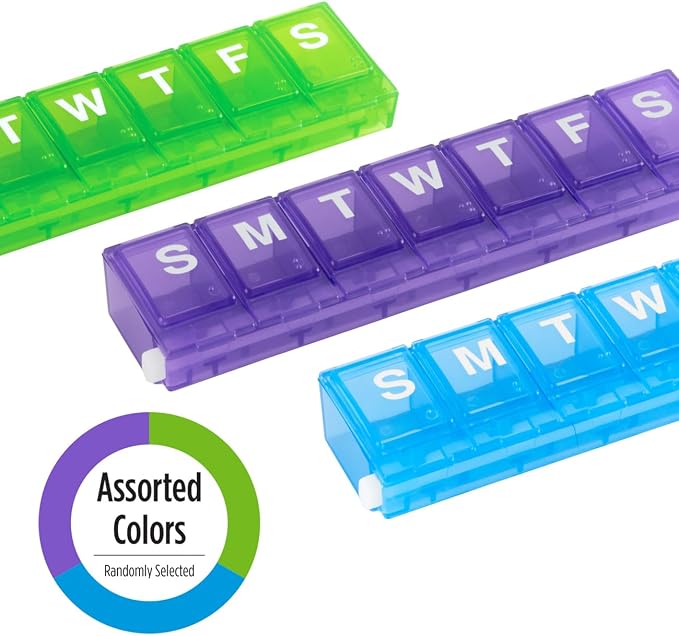 EZY DOSE Weekly (7-Day) Pill Case, Medicine Planner, Vitamin Organizer, Small Locking Compartments to Secure Prescription Medication and Prevent Accidental Spilling, Color May Vary, BPA Free