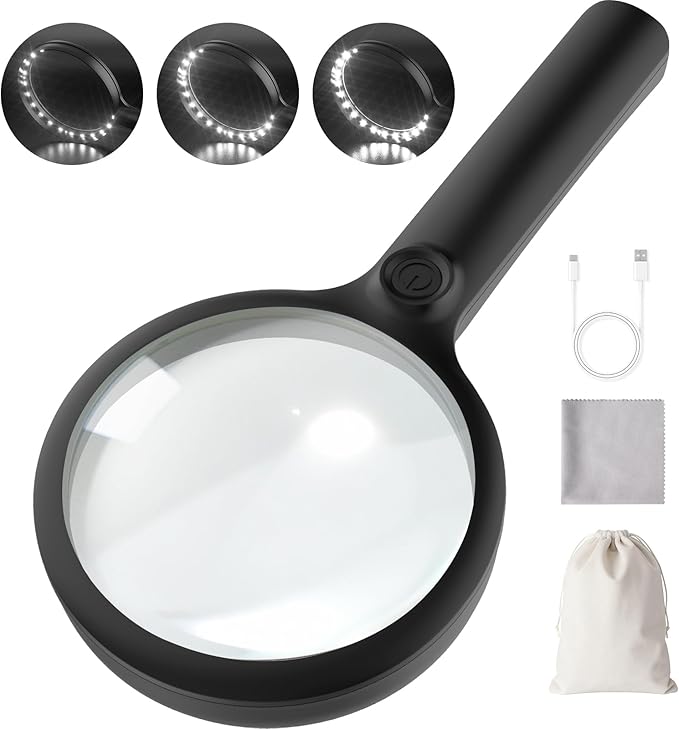 10X Magnifying Glass with Light, Upgraded Large 4.33" Handheld Illuminated Lighted Magnifier with 3 Light Modes for Seniors Reading, Coins, Jewelry, Close Work, Kids Nature Exploration(Black)
