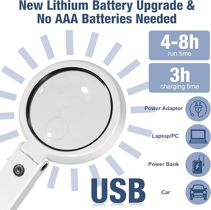 Upgraded Rechargeable Magnifying Glass with Light and Stand, Foldable Handheld & Hands-Free Magnifying Glass 2 Level Dimmable Large Magnifier for Seniors Reading, Close Work, Coins, Jewelry