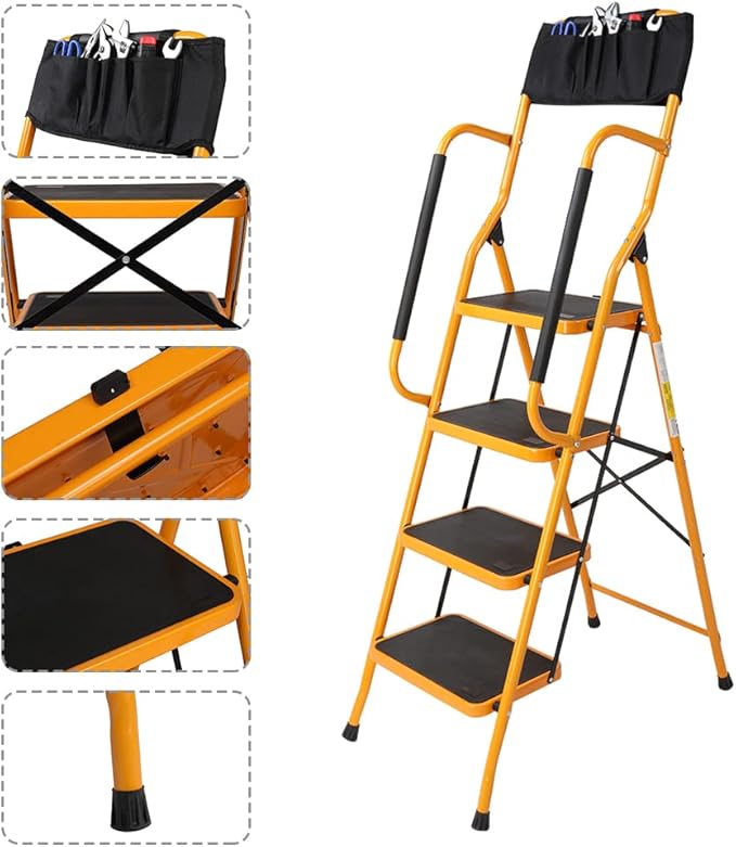 Winado 4 Step Ladder with Handrails & ToolBag, 330lbs Folding Step Stool, w/Non-Slip Side Armrests Large Pedal Area, Suitable for Home Office