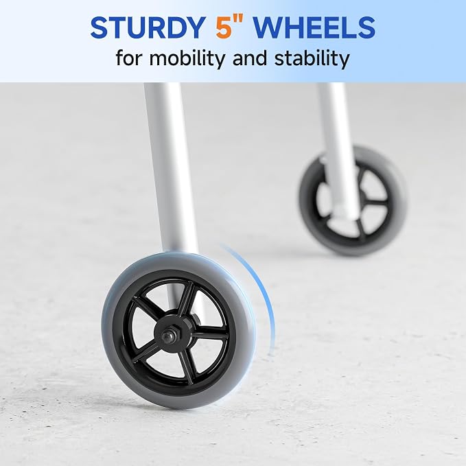 Loyoda Folding Walker with Tray for Seniors, Walker with 5" Front Wheels | Lightweight Aluminum 2-Wheel Walker, Height Adjustable Standard Walkers, 350 lbs