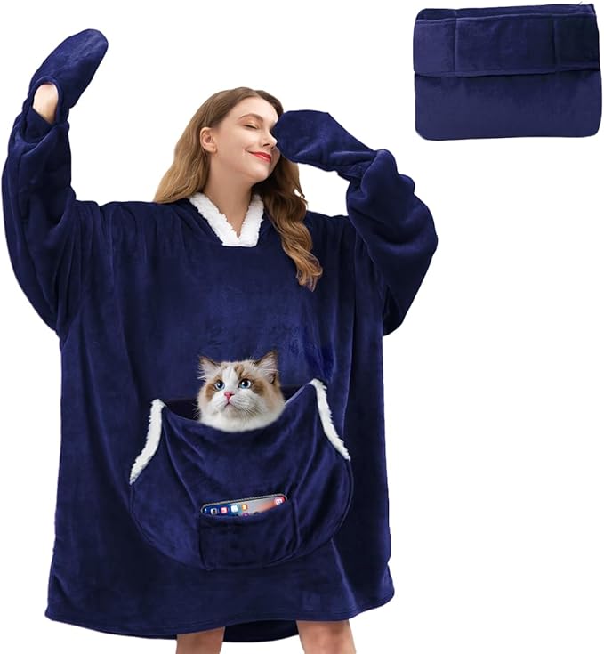 JOYWOO Navy Foldable Wearable Blanket Hoodie with Gloves,Oversized Cat Lovers Sweatshirt Blanket for Adult,Birthday Gifts for Men,Dad,Husband Cozy Sherpa Hooded Blanket with Giant Pocket Winter Gifts