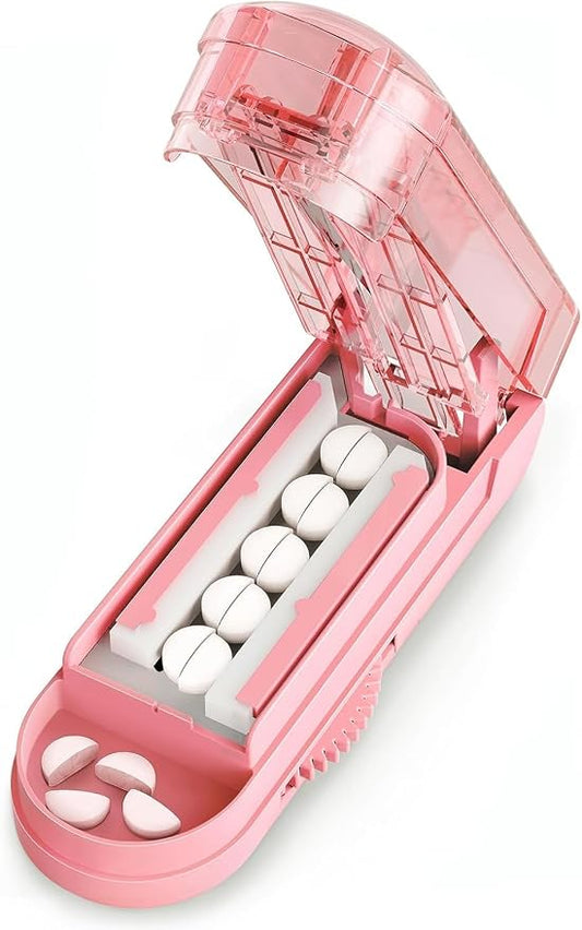 ONE PIX Multiple Pill Cutter Splitter for Small and Tiny Pills, Accurate 1/2 Tablet Splitter with Adjustable Bars & Hidden Blade, Safely Cuts Large Medication for Seniors & Pets, Pink