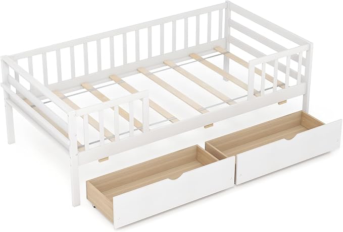Giantex Twin Kids Bed with Storage Drawers, Wood Montessori Bed with Rails & Side Shelf, Low Daybed for Boys, Girls, No Box Spring Needed (White)