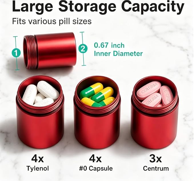 Portable Keychain Pill Case Holder, EFFIET 3 Compartments Metal Pocket Emergency Pill Container Box for Daily Supplyment (Rose Red)