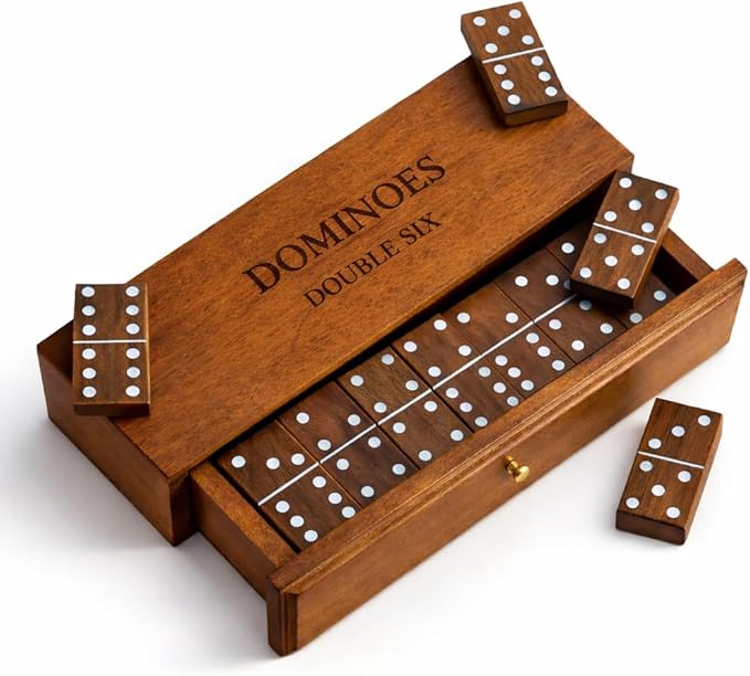 T one Handmade Dominos Set for Adult and Kids with Wooden Box(28 Tiles) | Double six Dominos for Indoor Play | Family Party Game | Gift for Birthday/Christmas/Father Day (Design-3)