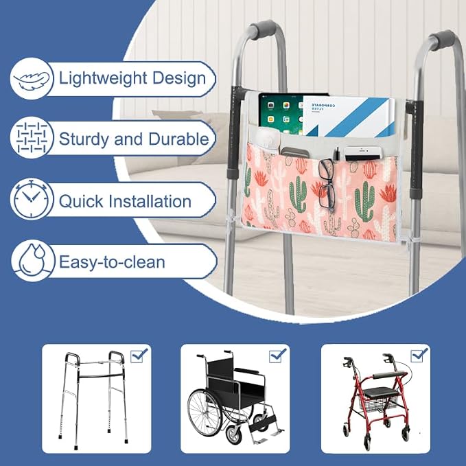 TOGETRUE Walker Bag, Easy Access Walker Storage Basket with 2 Large Pockets, Walker Accessories Bag for Folding Walker, Wheelchairs, Strollers, 13"x14.5" (Cactus)