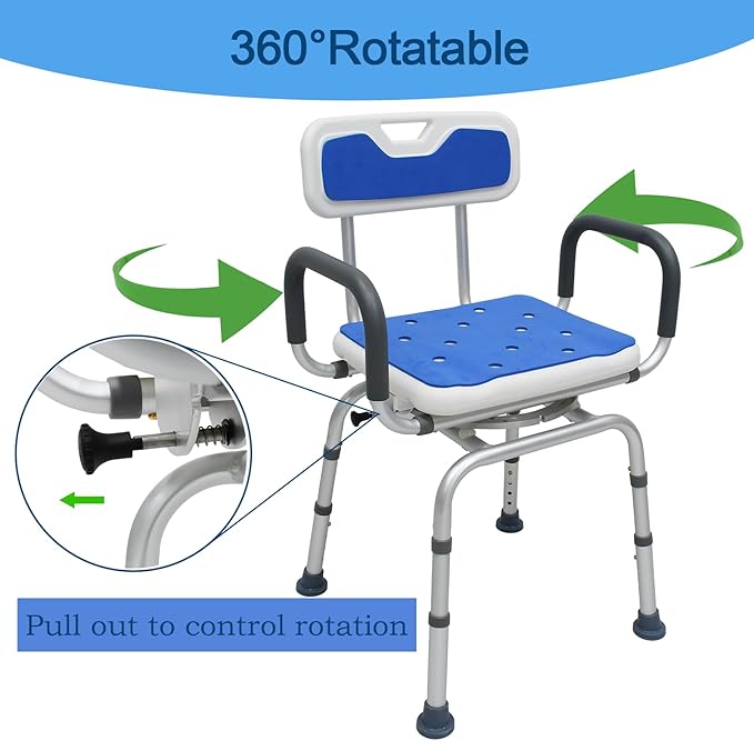 360 ° Swivel Shower Chair,Portable Rotating Shower Seat with Padded Armrests and Backrest, Adjustable Bathtub Height Seat,Support 400lbs