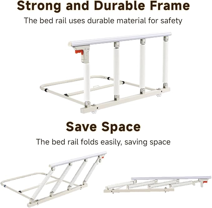 Bed Assist Rail for Elderly, Folding Bed Rail with Safety Straps & Sponge Handle. Tool-Free Installation for Seniors Safety on Platform, Slatted, Metal Beds.