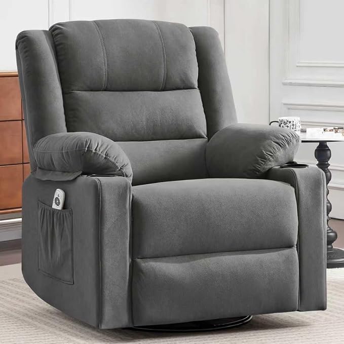 Ketaiyou Swivel Rocker Recliner Chair for Adults with Massage and Heat, Cup Holders and Side Pockets, Glider Rocking Reclining Single Sofa Chair for Living Room (Grey2)